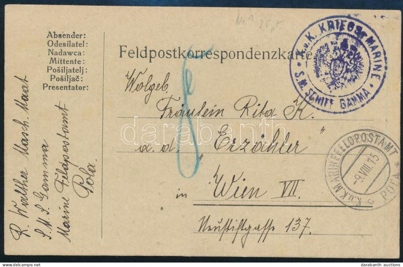 1915 Tábori Posta Levelezőlap "S.M. SCHIFF GAMMA" - Other & Unclassified