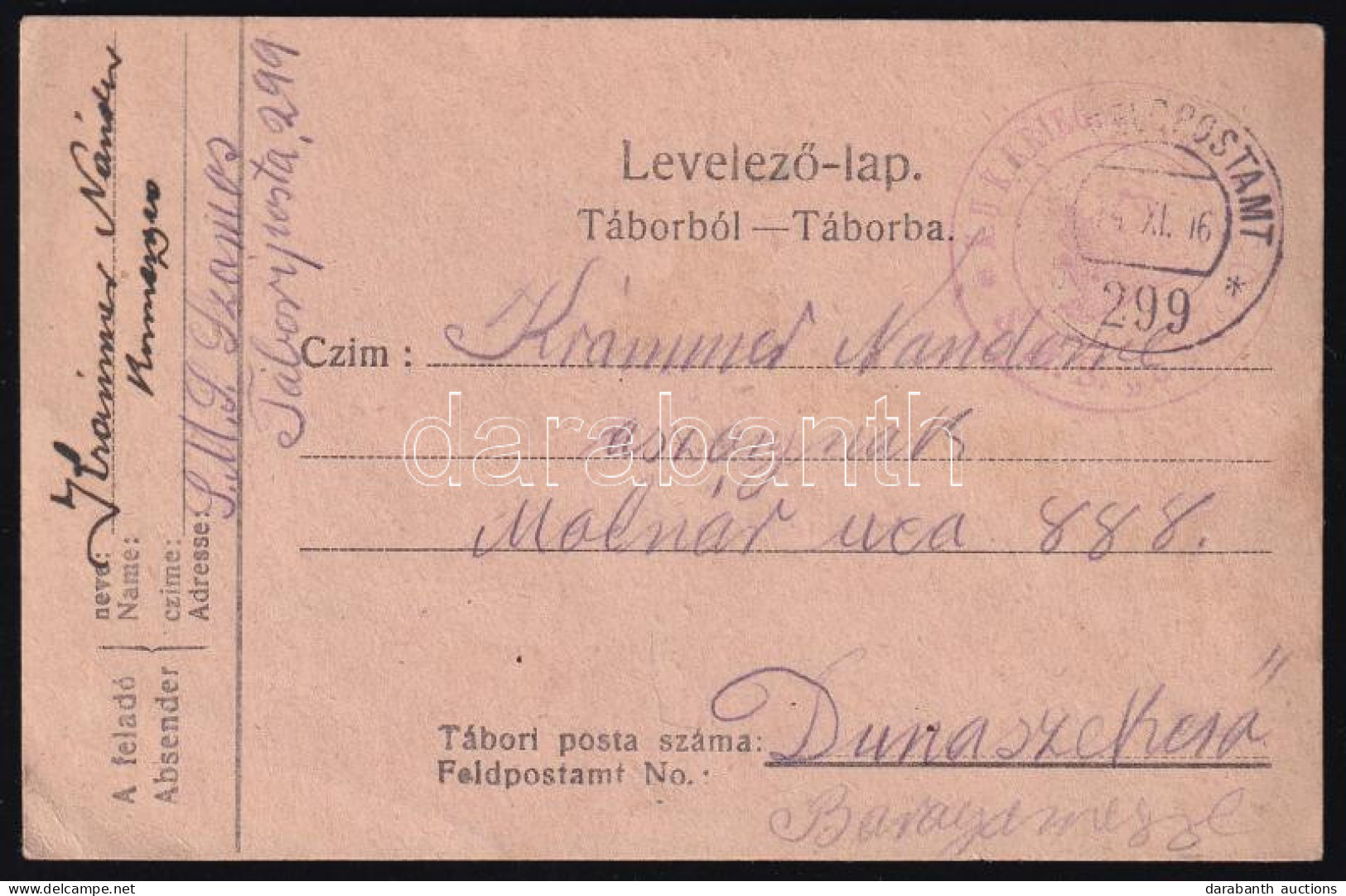1916 Tábori Posta Levelezőlap A Szamos Folyami Hadihajóról "FP 299 B" - Autres & Non Classés
