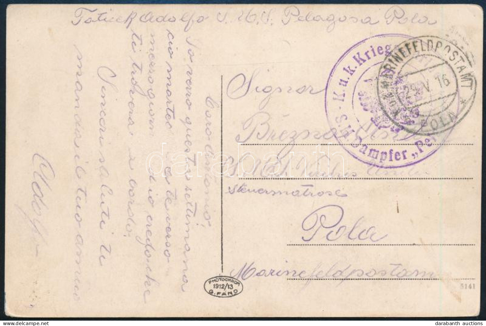 1916 Tábori Posta Képeslap "S.M. Dampfer Pelagosa" - Autres & Non Classés