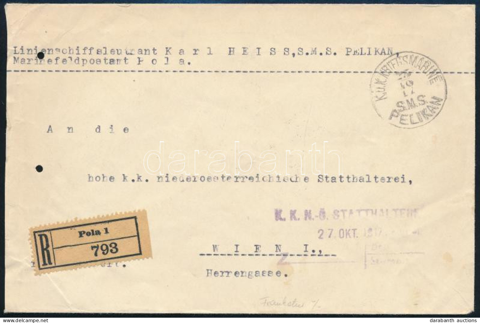 1917 Tábori Posta Ajánlott Levél 2 X 20h Bérmentesítéssel "S.M.S. PELIKAN" - Autres & Non Classés