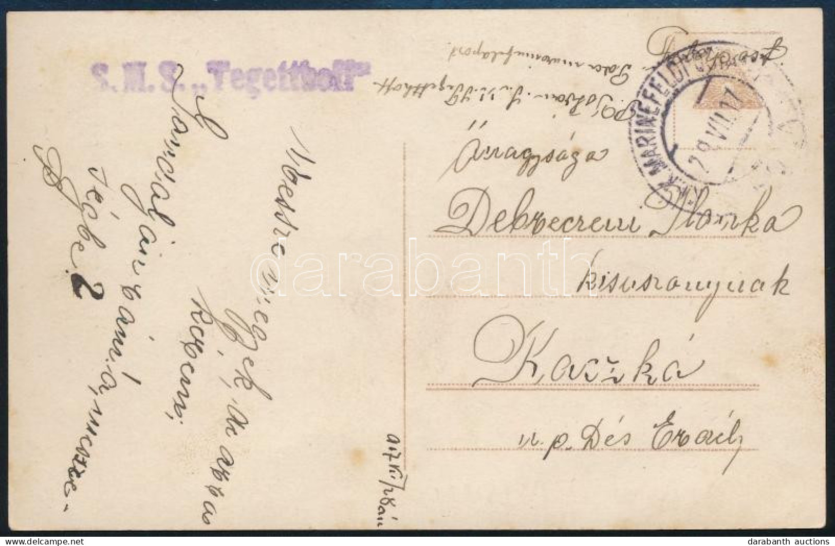 1917 Tábori Posta Képeslap "K.u.K. MARINEFELDPOSTAMT / POLA" , "S.M.S. Tegetthoff" Kacskára Címezve - Autres & Non Classés