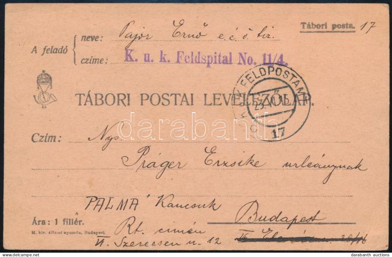 1915 Tábori Posta Levelezőlap "K.u.k. Feldspital No. 11/4" + "FP 17 C" - Otros & Sin Clasificación