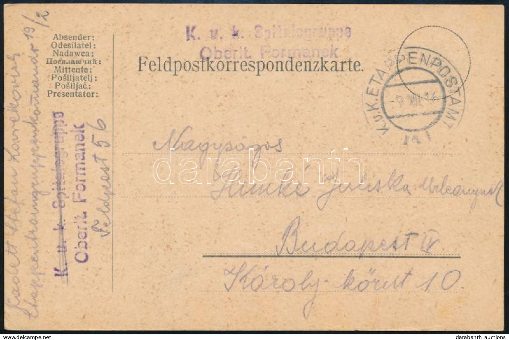 1916 Tábori Posta Levelezőlap "K.u.k. Spitalegruppe Oberlt. Formanek" - Other & Unclassified