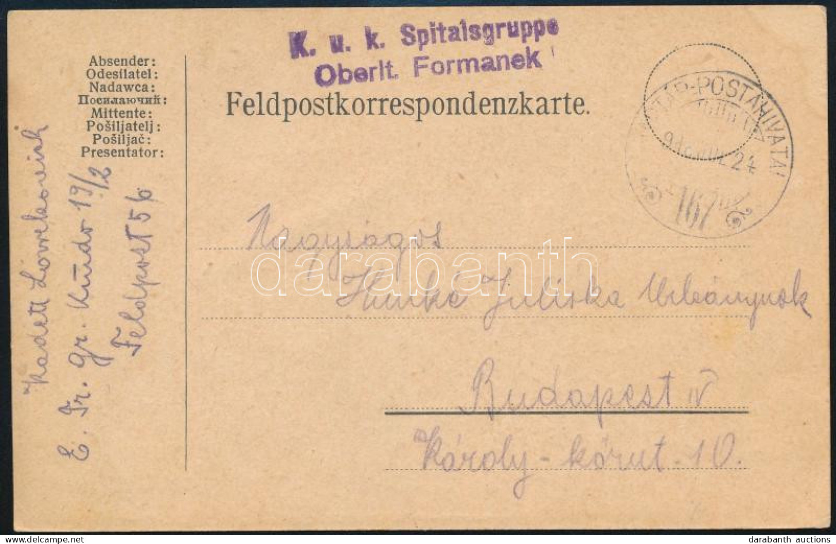 1918 Tábori Posta Levelezőlap "K. U. K. Spitalsgruppe Oberlt. Formanek" + "HP 167" - Autres & Non Classés