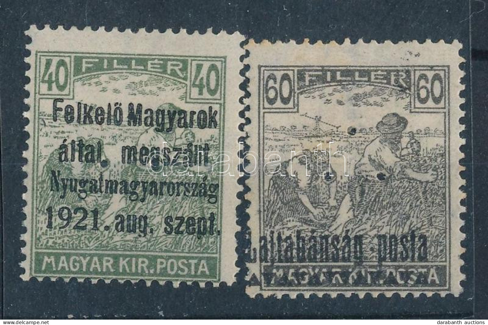 * Nyugat-Magyarország I-III. 1921 Arató 40f és 60f 3-as Lyukasztással Bodor Vizsgálójellel - Autres & Non Classés