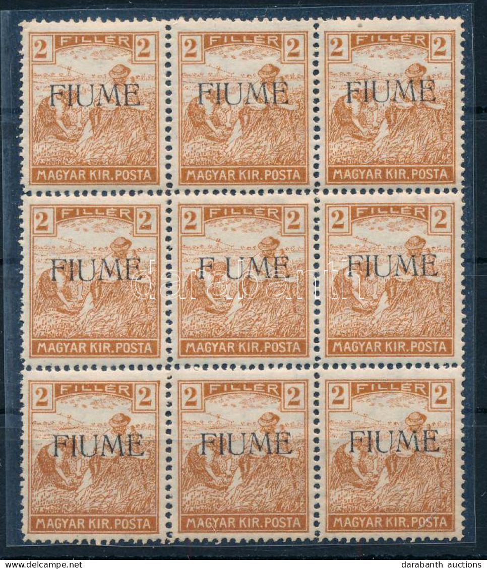 ** Fiume 1919 Arató 2f 9-es Tömb, Benne FUME Felülnyomással / Mi 8 Block Of 9, 1 Stamp With FUME Overprint. Signed: Bodo - Otros & Sin Clasificación