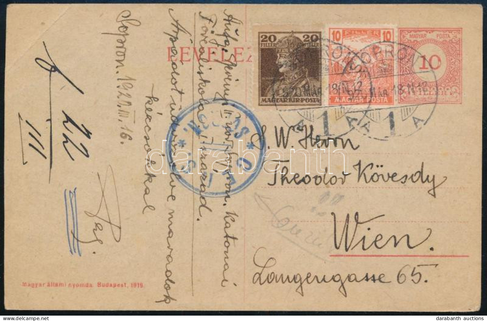 1920 Díjkiegészített Díjjegyes Levelezőlap Cenzúrázva Bécsbe - Autres & Non Classés