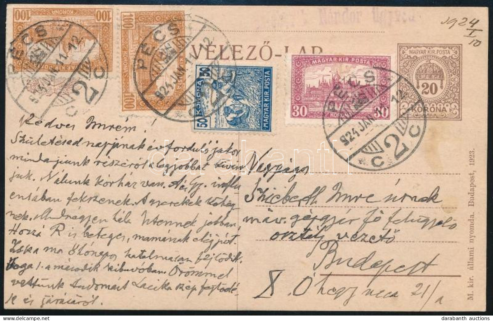 1924 4 Bélyeggel Kiegészített Díjjegyes Levelezőlap Pécsről Budapestre - Autres & Non Classés