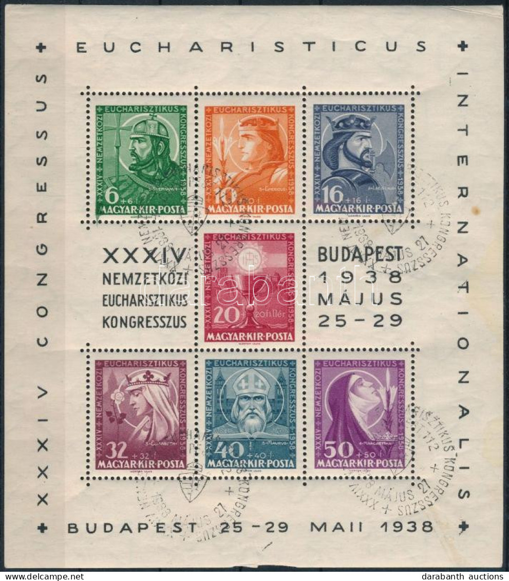 O 1938 Eucharisztikus Blokk (9.000) (saroktörés, Folt / Folded Corner, Spot) - Otros & Sin Clasificación