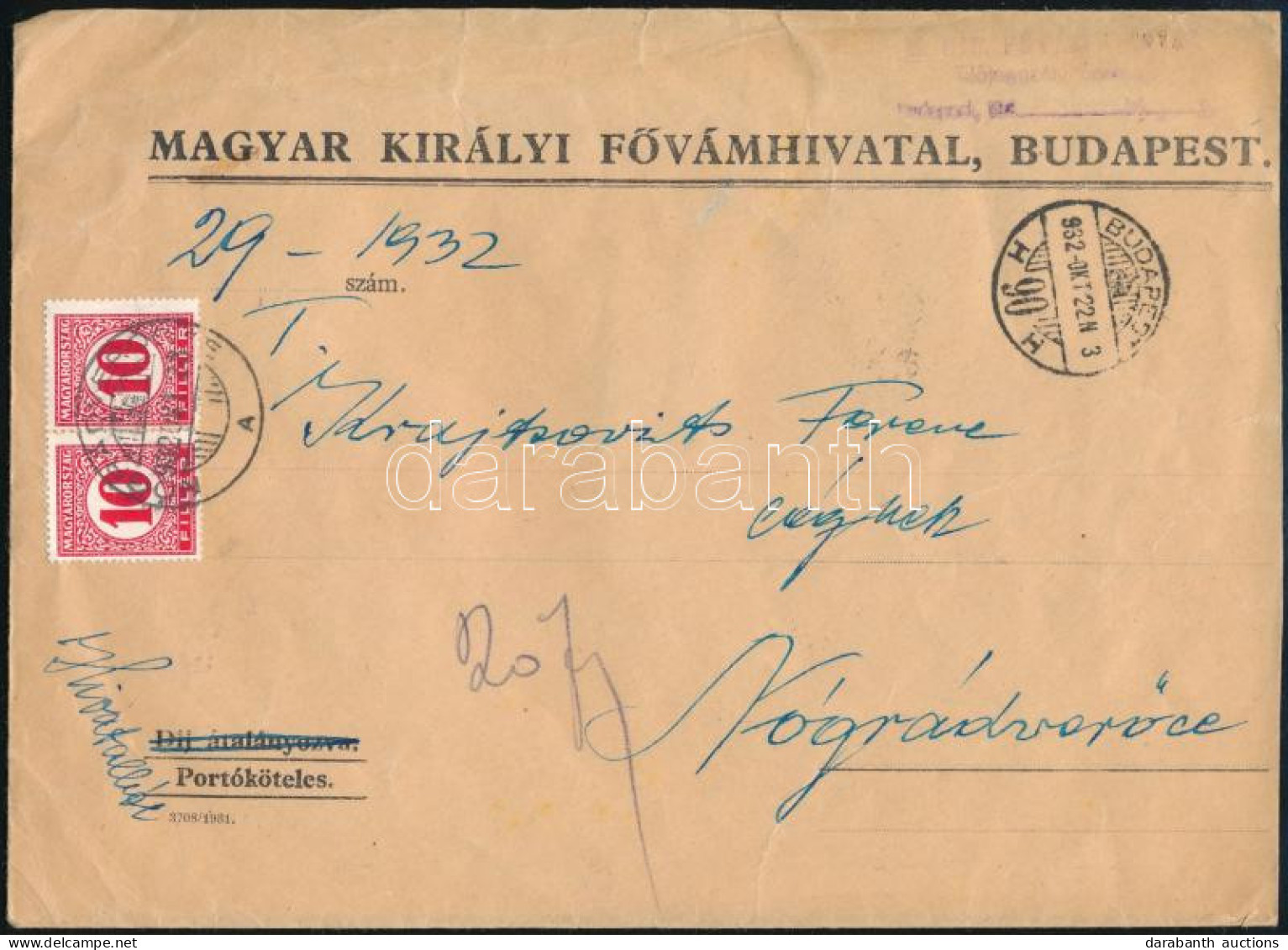 1932 Levél Budapestről Nógrádverőcére 2 X 10f Portóval - Sonstige & Ohne Zuordnung