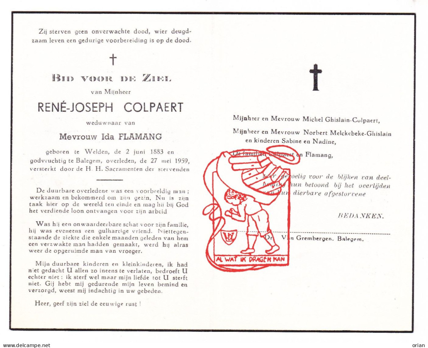 DP René Joseph Colpaert ° Welden Oudenaarde 1883 † Balegem Oosterzele 1959 X Ida Flamang // Melckebeke Ghislain - Devotion Images