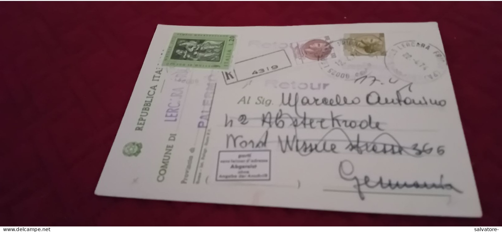 CARTOLINA USATA COME RACCOMANDATA DA LERCARA FRIDDI PER LA GERMANIA-1974 - Entero Postal