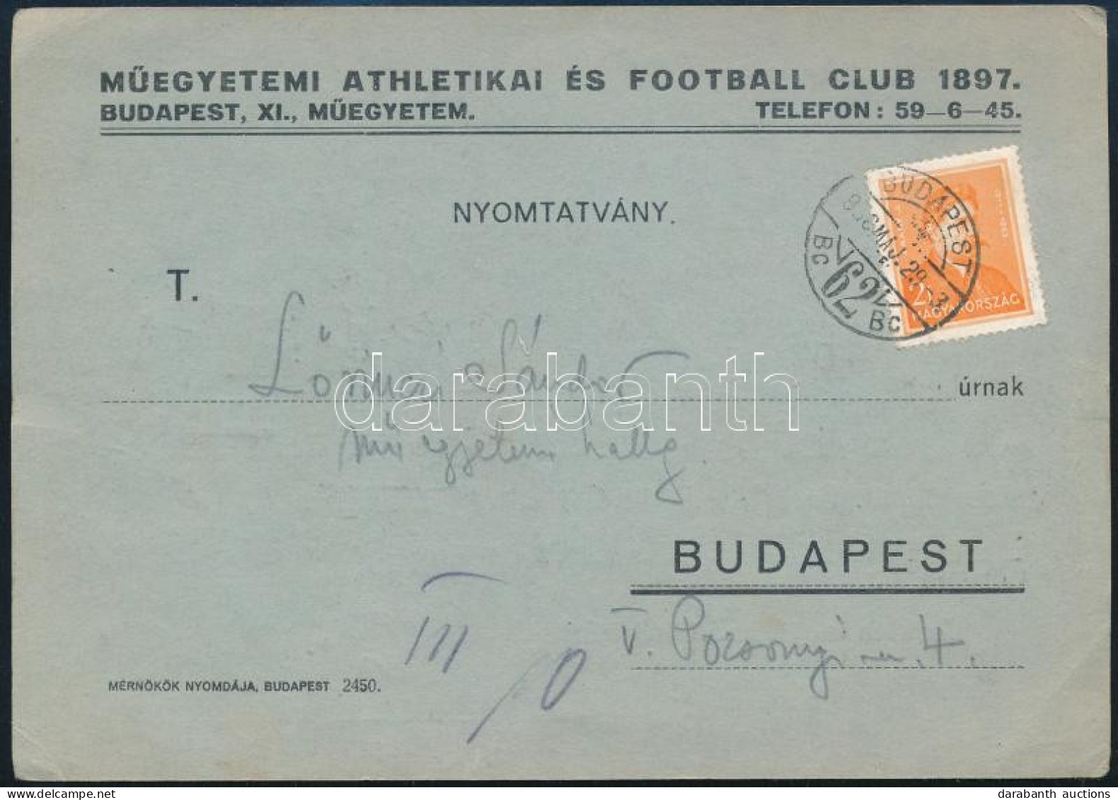 1936 Műegyetem Atlétikai és Football Club Céges Levél Arcképek 2f Nyomtatványként Feladva, Tartalommal - Other & Unclassified