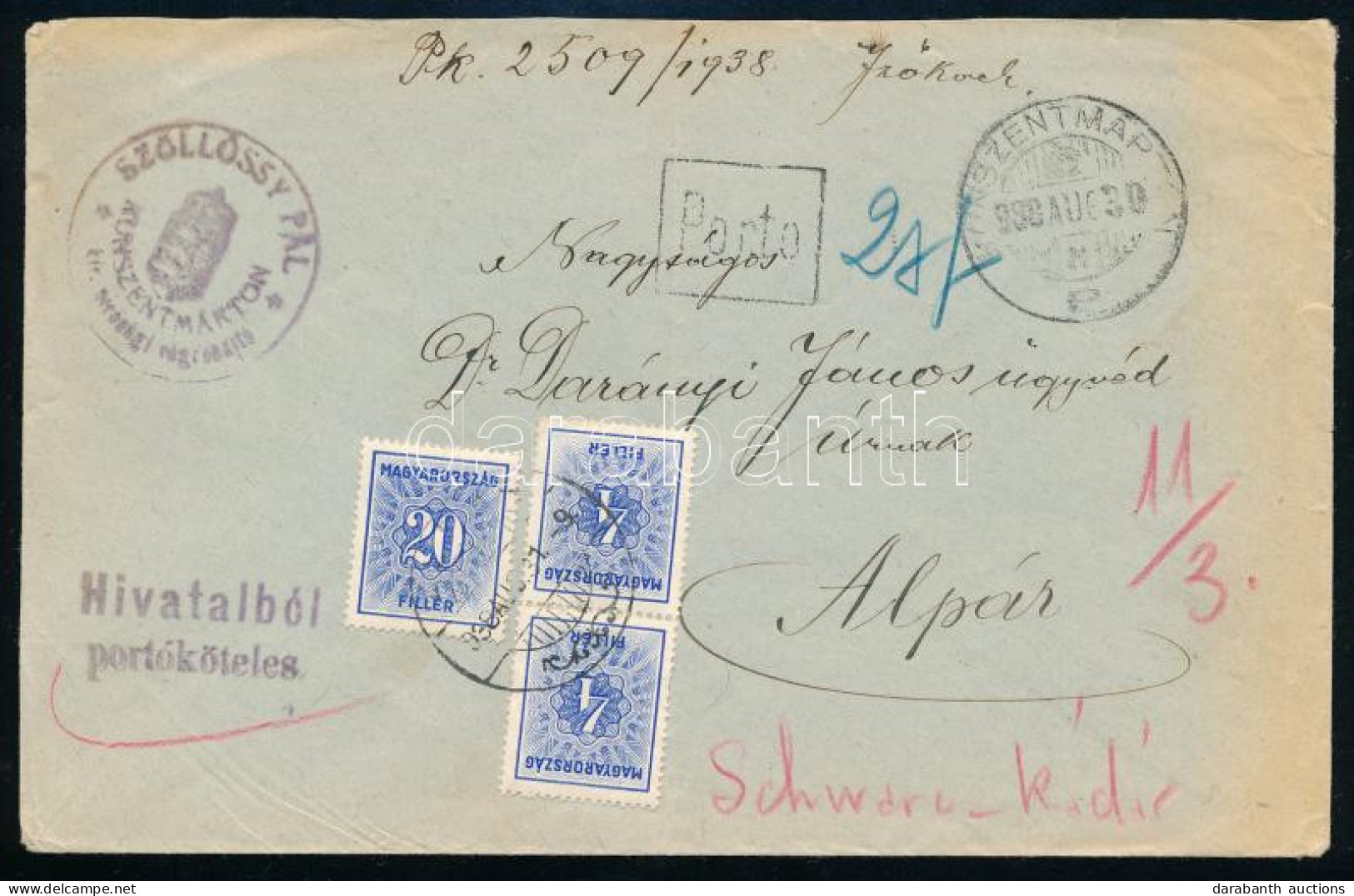 1938 Távolsági Levél Hivatalból Portóköteles, Rajta Kékportó 2 X 4f + 20f / Domestic Cover With 3 Postage Due Stamps "SZ - Other & Unclassified