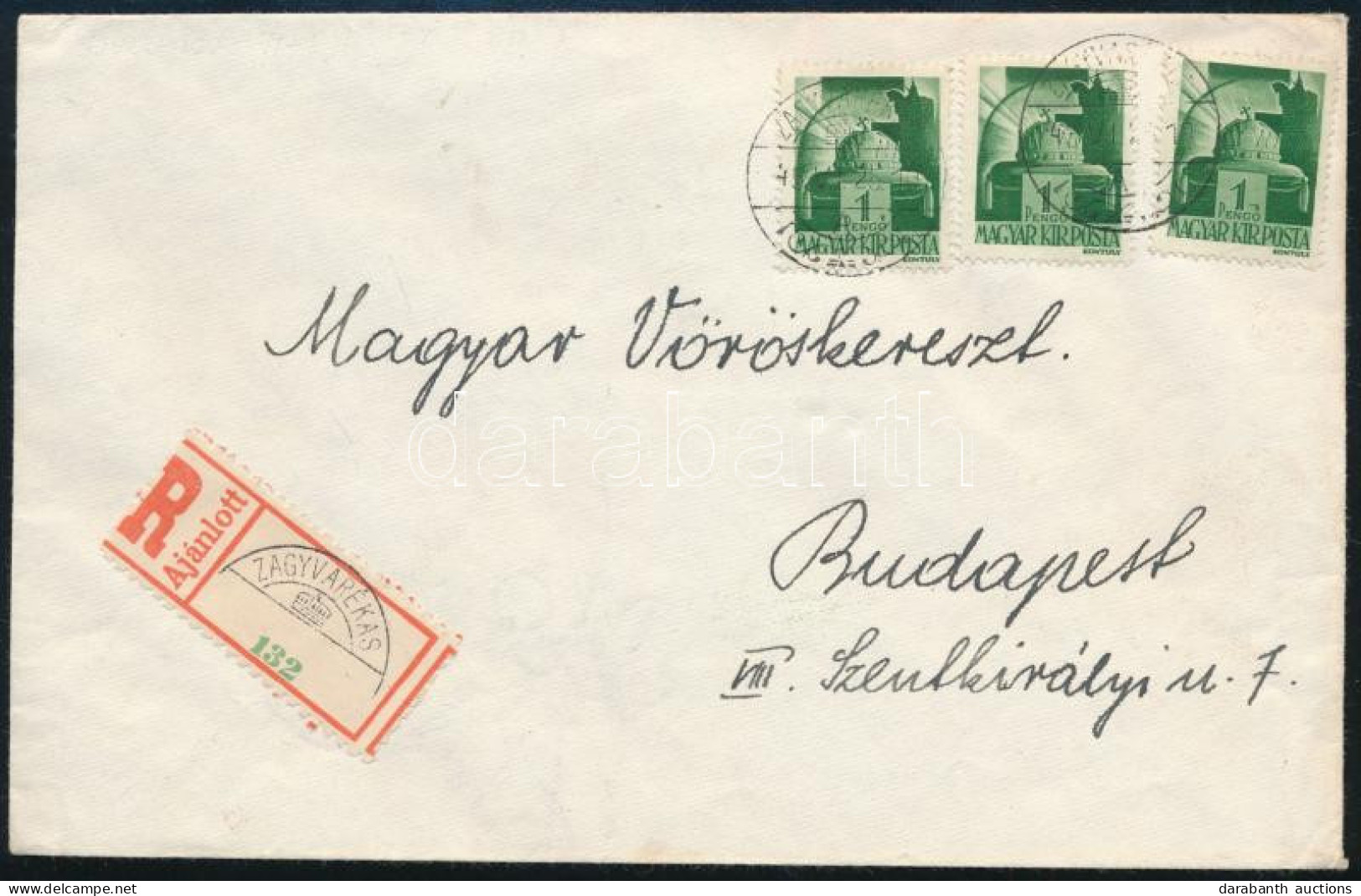 1945 (1. Díjszabás) Ajánlott Távolsági Levél 3P Bérmentesítéssel "ZAGYVARÉKAS" - Budapest, érdekes Szükségragjeggyel - Autres & Non Classés