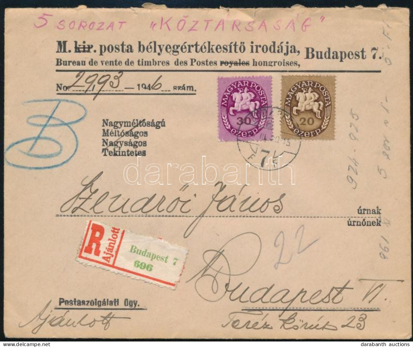 1946 (9. Díjszabás) Budapest Helyi Levél 2 Db Lovasfutár Bélyeggel, 50 Ezer P Bérmentesítéssel - Andere & Zonder Classificatie