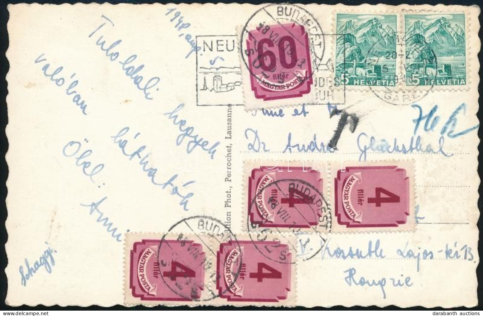 1948 Képeslap Svájcból Budapestre, 5 Db Portó Bélyeggel / Postcard From Switzerland To Budapest, With Postage Due - Andere & Zonder Classificatie