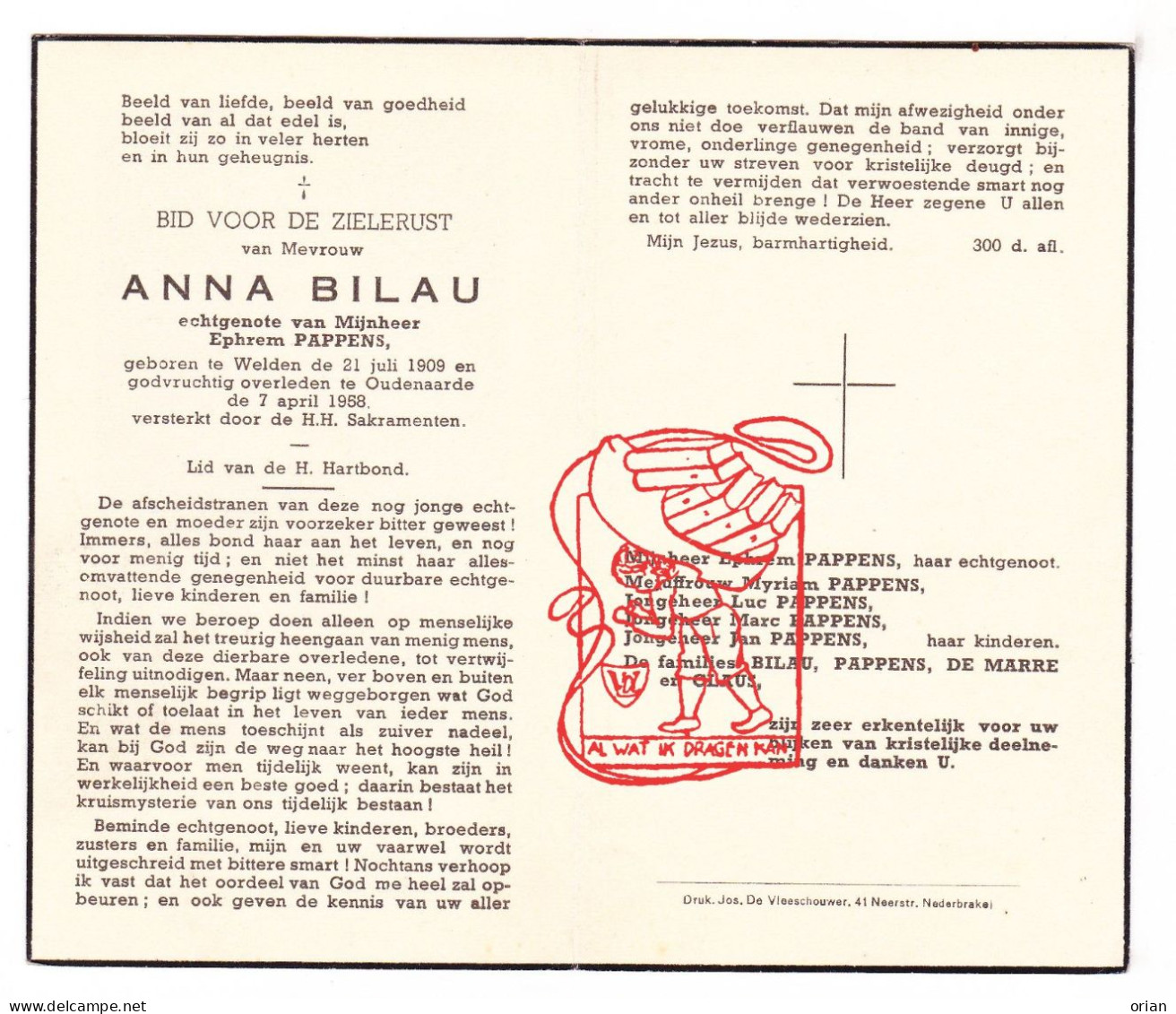 DP Anna Bilau ° Welden 1909 † Oudenaarde 1958 X Ephrem Pappens // De Marre Claus - Devotion Images