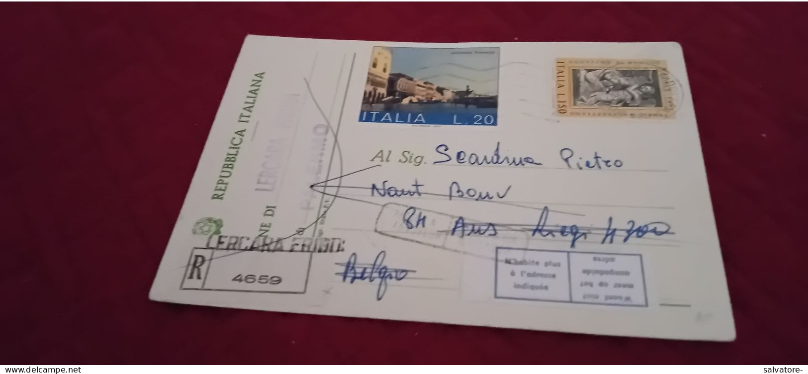 CARTOLINA USATA COME RACCOMANDATA DA LERCARA FRIDDI PER IL BELGIO 1974 - Entero Postal