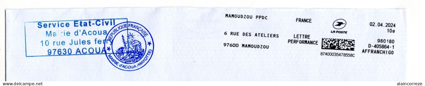 Service Prestation La Poste AFFRANCHIGO MAYOTTE Mairie MAMOUDZOU PPDC - Mechanical Postmarks (Other)