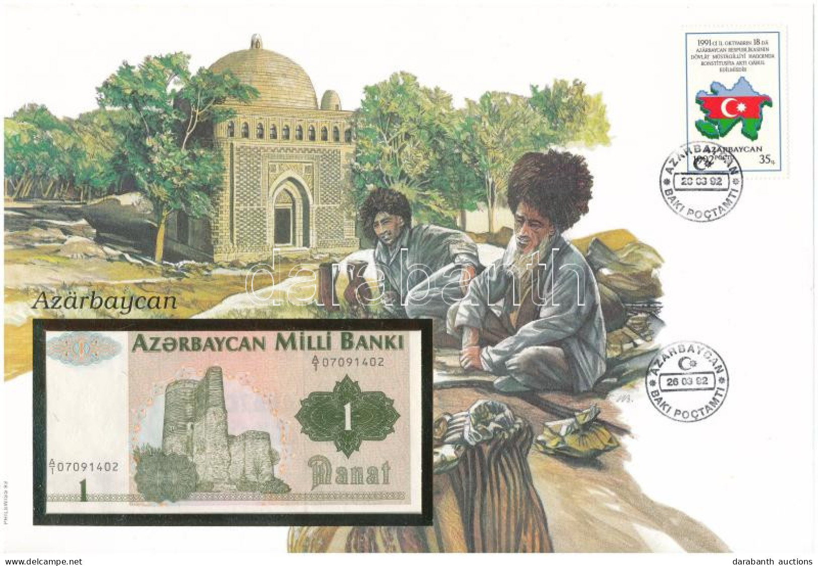 Azerbajdzsán 1992. 1M Felbélyegzett Borítékban, Bélyegzéssel T:UNC Azerbaijan 1992. 1 Manat In Envelope With Stamp And C - Non Classés