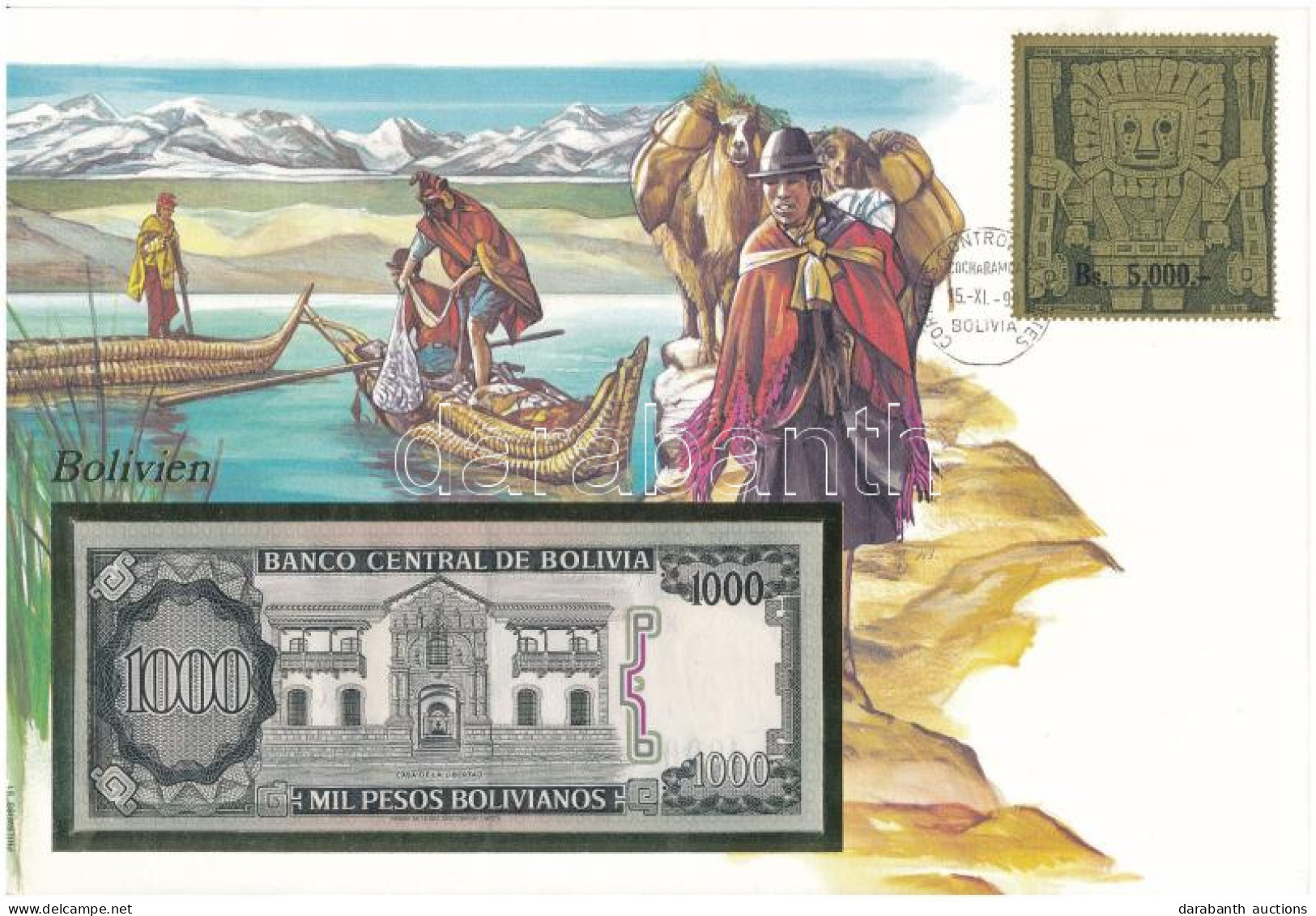 Bolívia 1982. 1000P Felbélyegzett Borítékban, Bélyegzéssel T:UNC  Bolivia 1982. 1000 Pesos In Envelope With Stamp And Ca - Non Classés