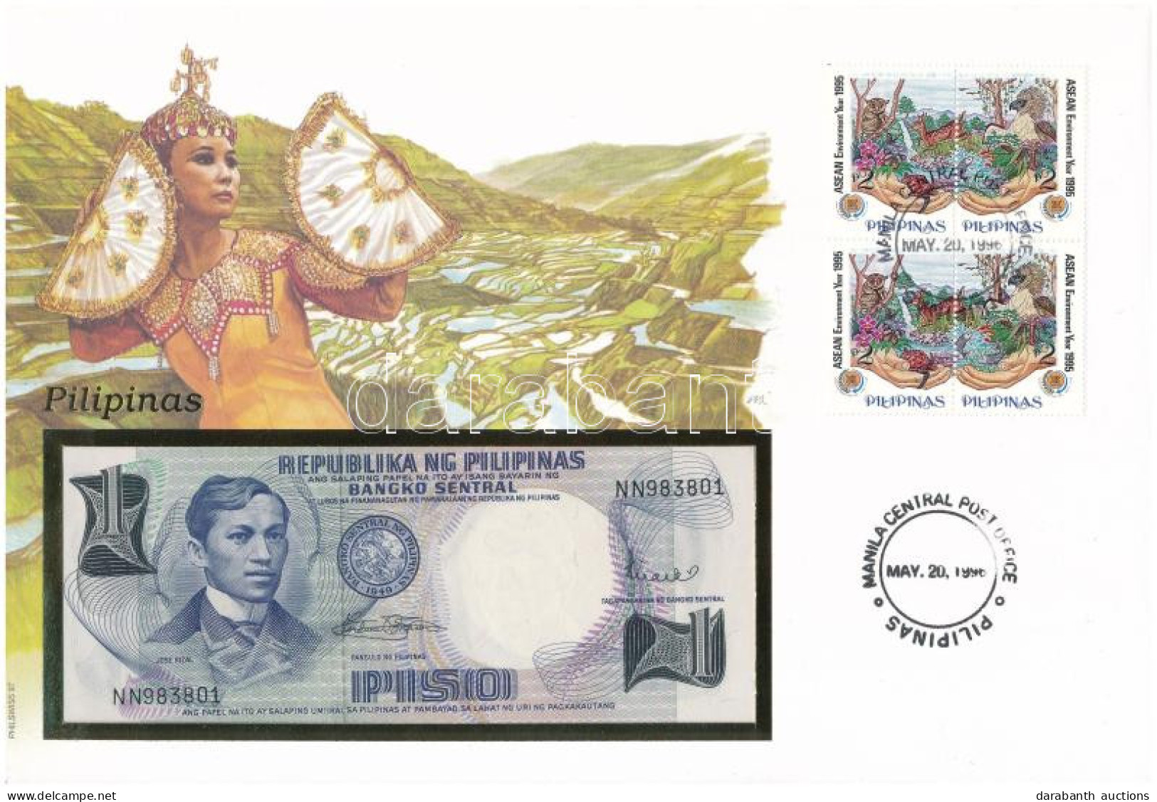 Fülöp-szigetek 1969. 1P Felbélyegzett Borítékban, Bélyegzéssel T:UNC Philippines 1969. 1 Piso In Envelope With Stamp And - Sin Clasificación
