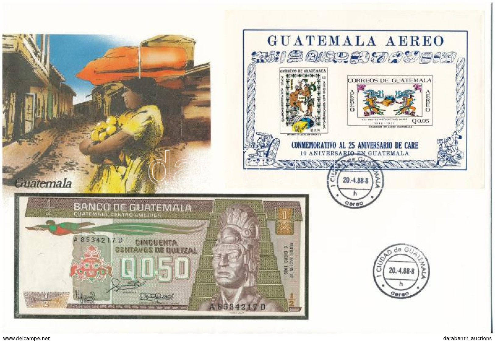 Guatemala 1988. 50c Felbélyegzett Bankjegyes Borítékban, Bélyegzéssel T:UNC Guatemala 1988. 50 Centavos In Banknote Enve - Unclassified