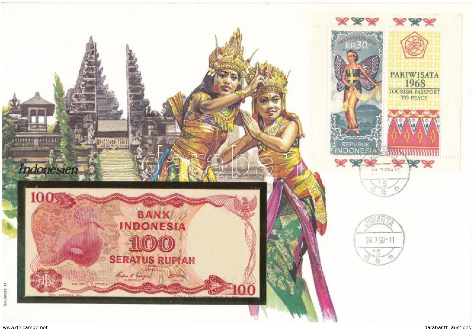 Indonézia 1984. 100R Felbélyegzett Borítékban, Bélyegzéssel T:UNC Indonesia 1984. 100 Rupiah In Envelope With Stamp And  - Sin Clasificación