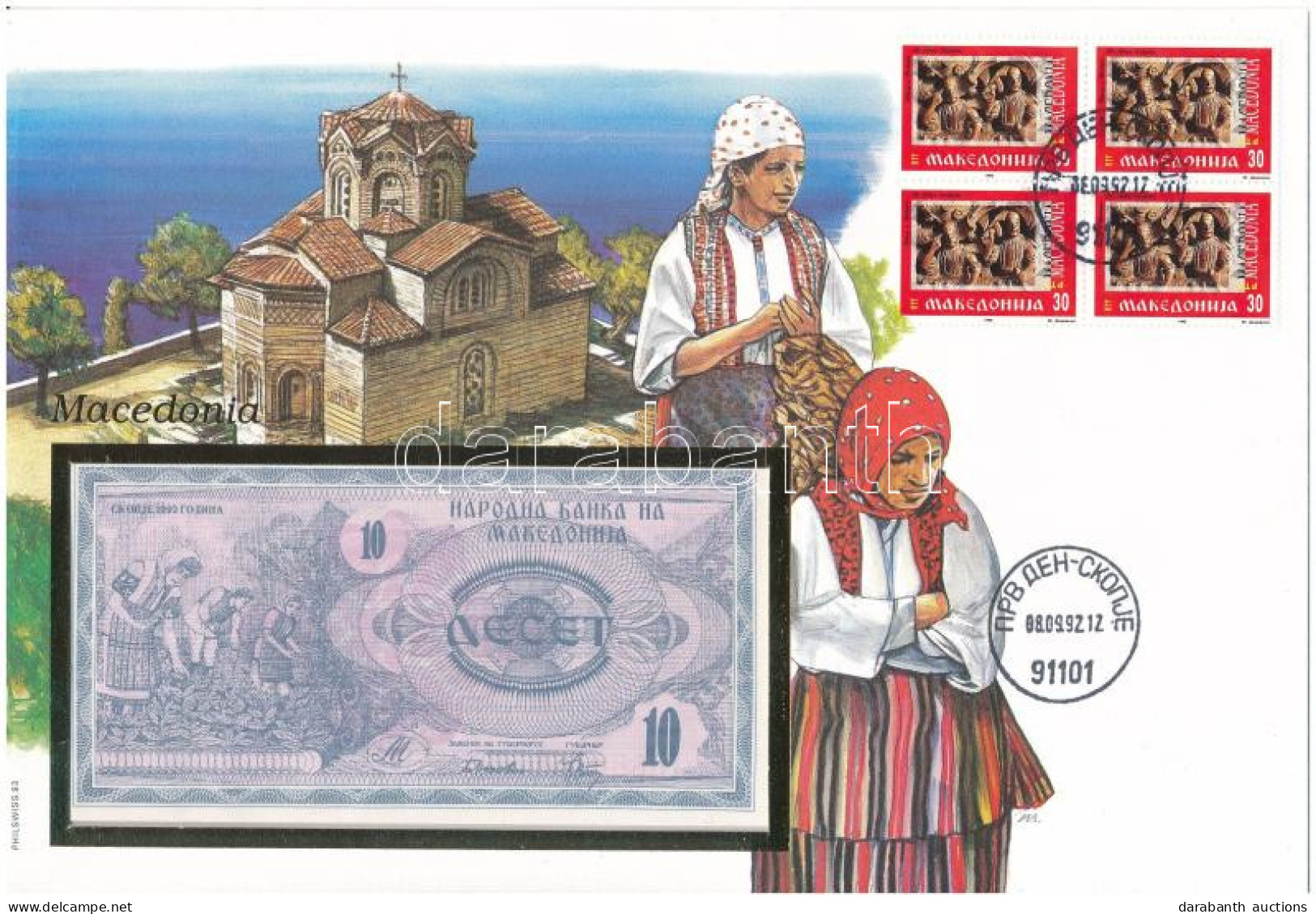 Macedónia 1992. 100D Borítékban, Alkalmi Bélyeggel és Bélyegzéssel T:UNC Macedonia 1992. 100 Dinar In Envelope With Stam - Non Classés