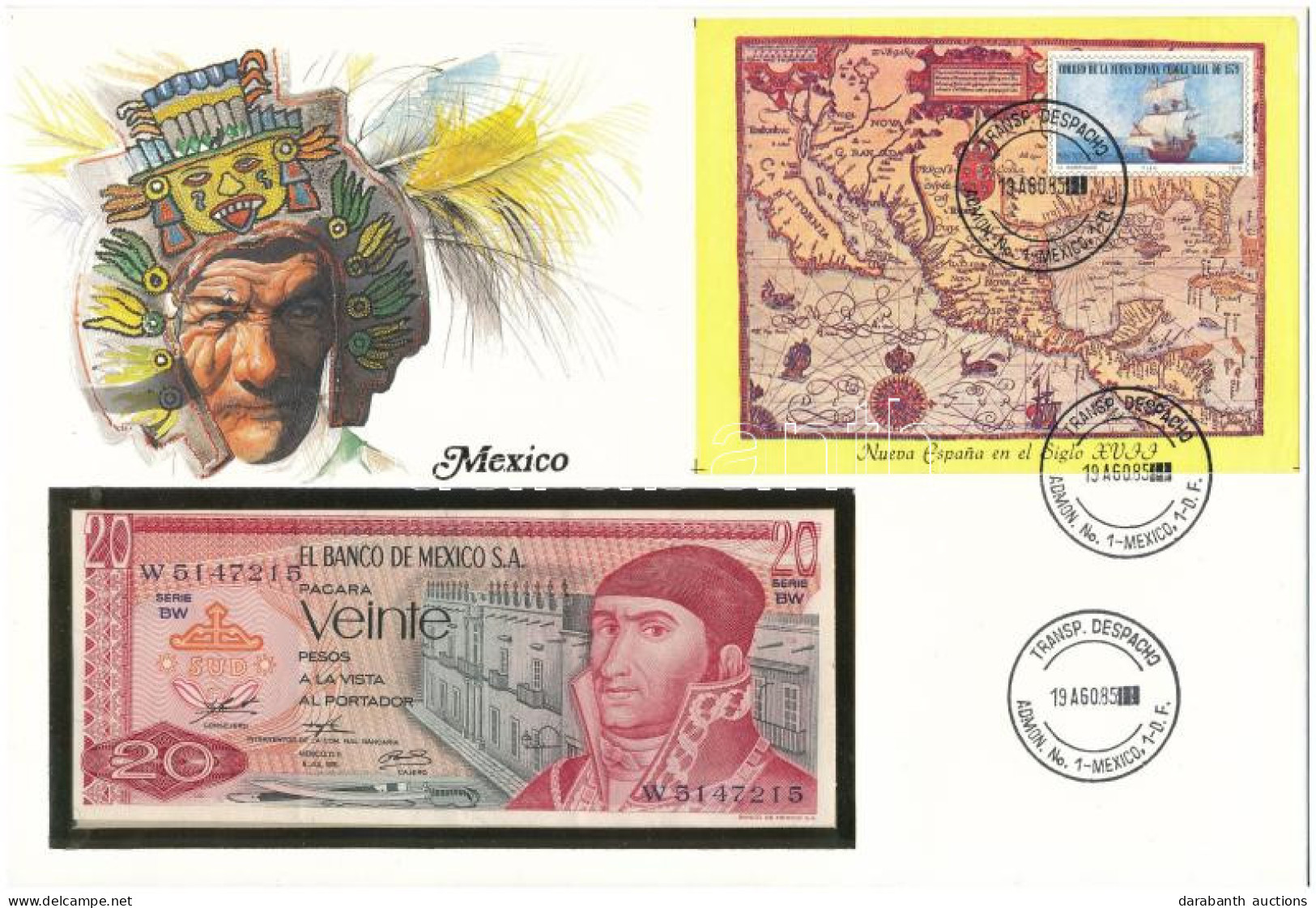 Mexikó 1977. 20P Felbélyegzett Borítékban, Bélyegzéssel T:UNC Mexico 1977. 20 Pesos In Envelope With Stamp And Cancellat - Non Classés