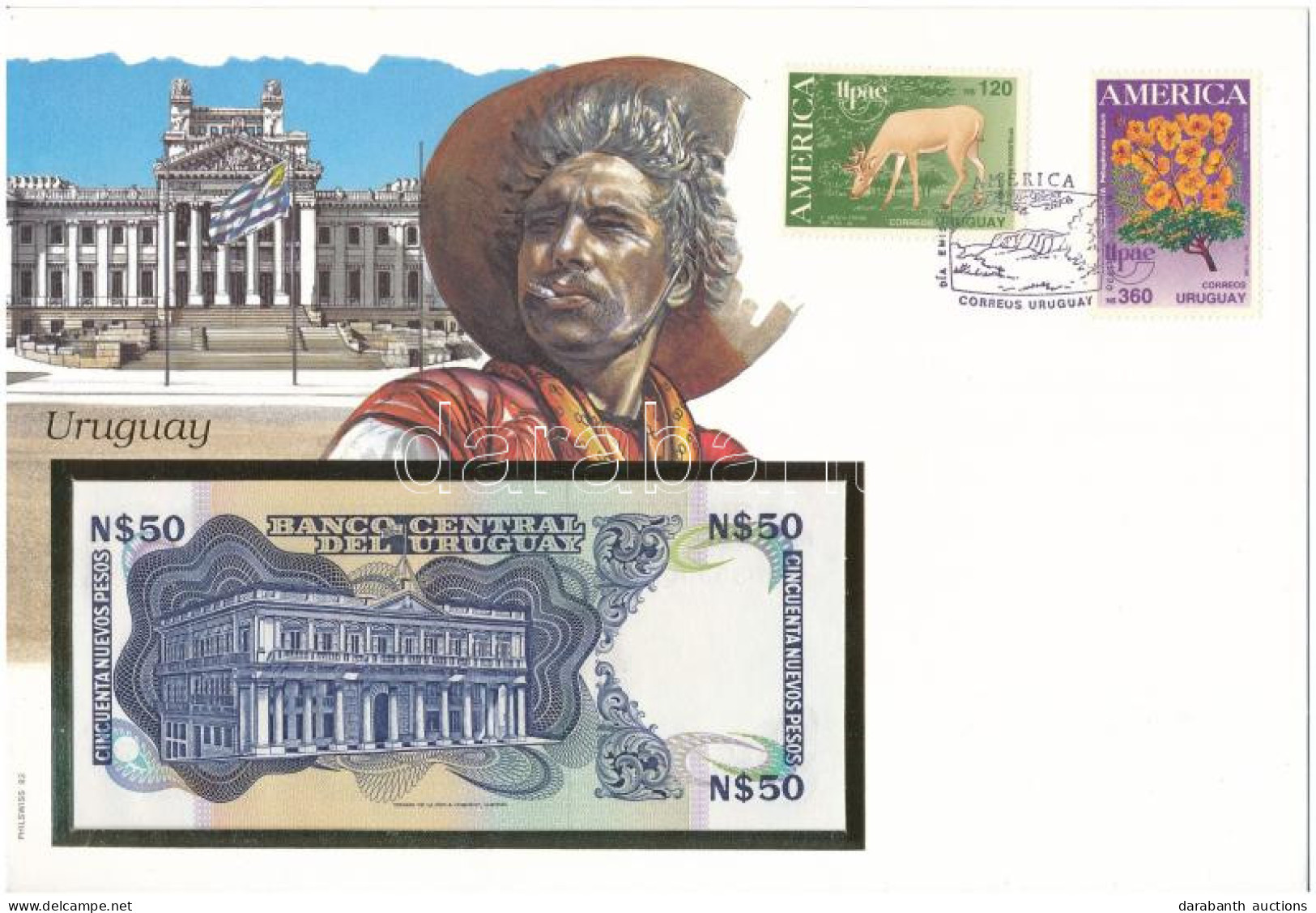 Uruguay 1989. 50P Borítékban, Alkalmi Bélyeggel és Bélyegzéssel T:UNC  Uruguay 1989. 50 Pesos In Envelope With Stamps An - Unclassified
