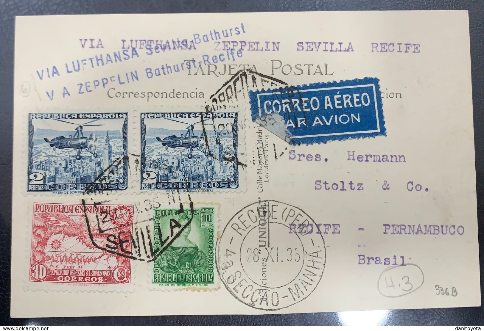 AÑO 1935. SEVILLA/ RECIFE (BRASIL) - Storia Postale