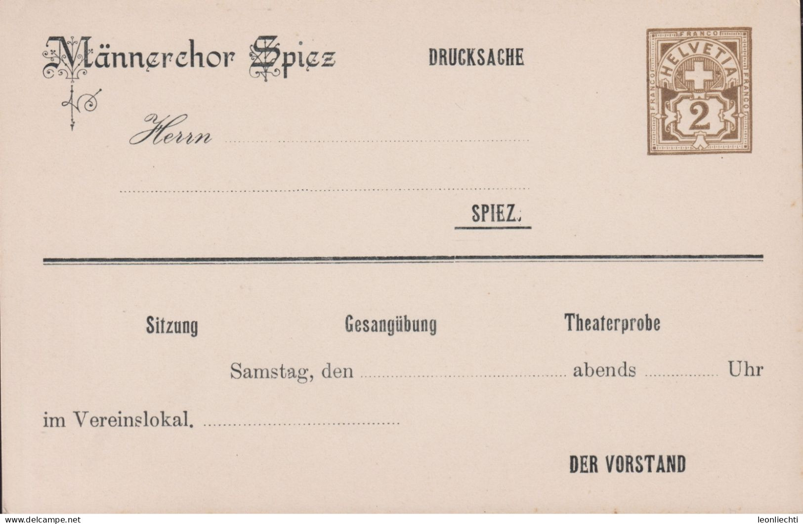 1907 Privatganzsache PrP 1, Kreuzziffer 2 Cts, Männerchor Spiez Ungebraucht - Interi Postali