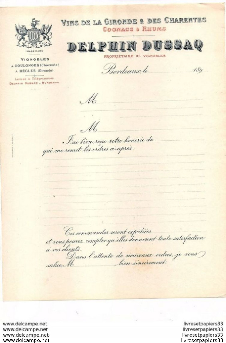 DELPHIN DUSSAQ Vins De La Gironde & Des Charentes Cognacs Et Rhums Bordeaux - 1800 – 1899