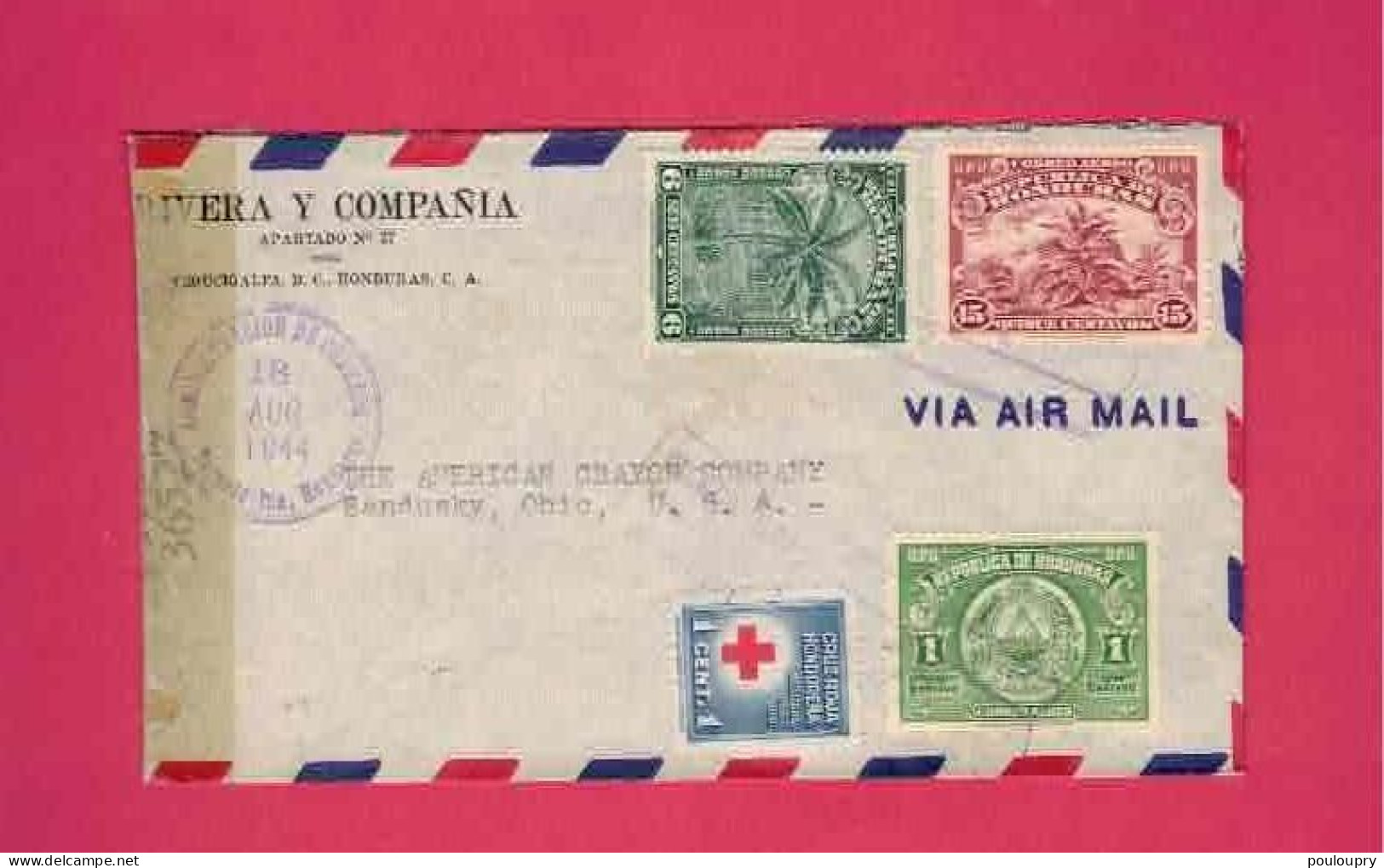 Honduras - Lettre De 1944 Pour Les USA EUAN - YT N° PA 117, PA 124, PA 127 Et Timbre De Bienfaisance Croix-rouge à 1 C - Rotes Kreuz