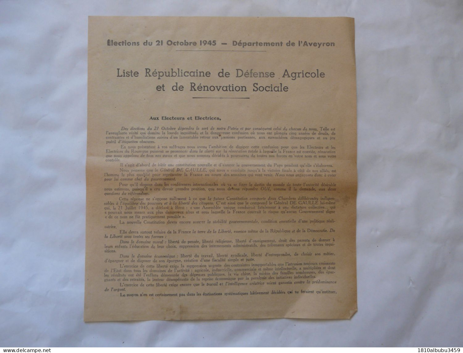 TRACT - Liste Républicaine De Défense Agricole - Elections Du 21 Octobre 1945 - AVEYRON - Historical Documents