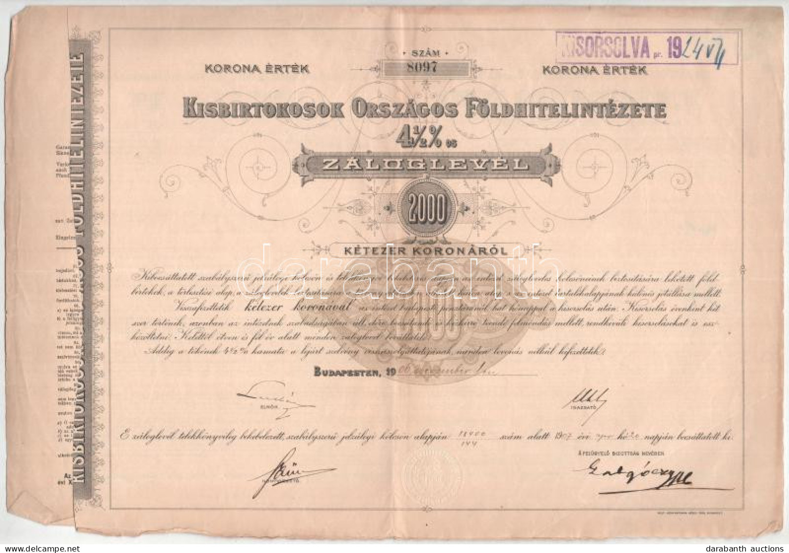 Budapest 1904-1906. "Kisbirtokosok Országos Földhitelintézete" 4 1/2%-os Záloglevele (2x), 2000K-ról + 10.000K-ról, Magy - Non Classés