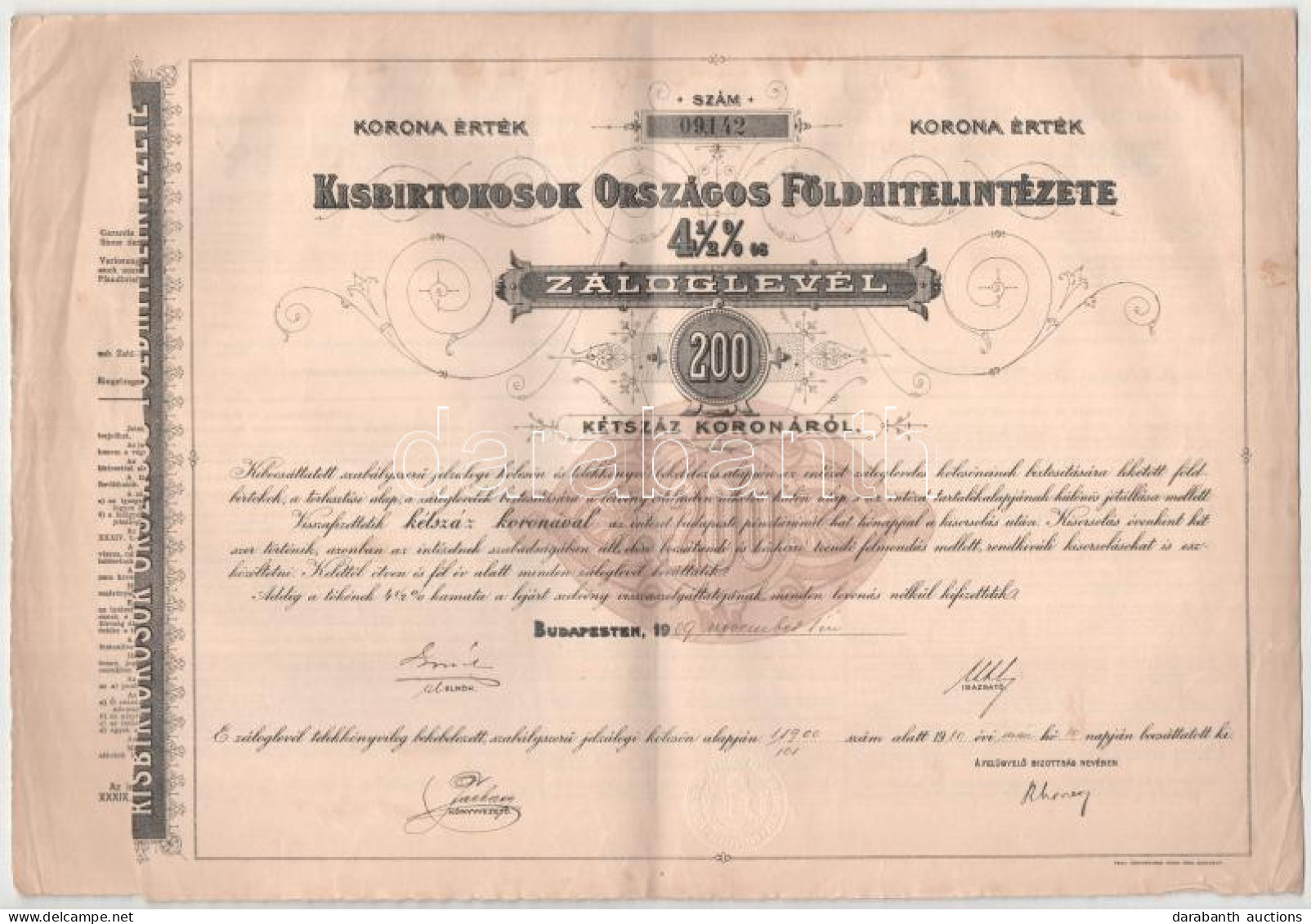 Budapest 1909-1911. "Kisbirtokosok Országos Földhitelintézete" 4 1/2%-os Záloglevele 200K-ról Magyar, Német és Francia N - Unclassified