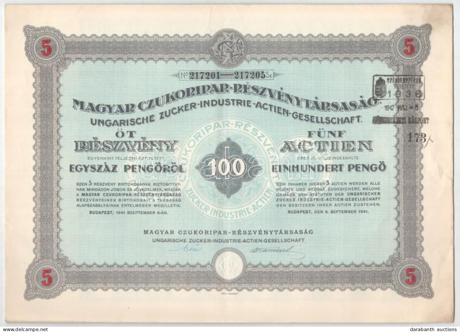 Budapest 1941. "Magyar Czukoripar-Részvénytársaság" 5db Részvénye 100P-ról Szelvényekkel, Szárazpecséttel T:XF - Sin Clasificación