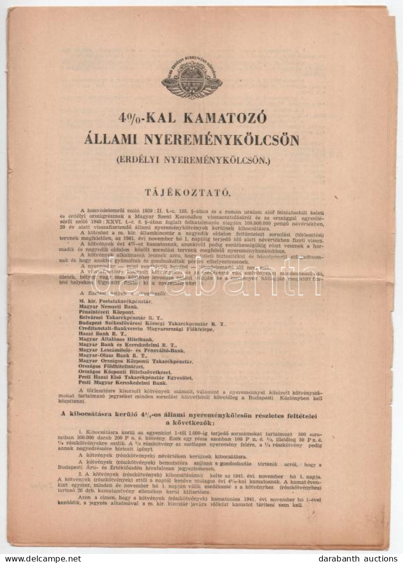 Budapest 1941. "4%-kal Kamatozó Állami Nyereménykölcsön (Erdélyi Nyereménykölcsön)" Tájékoztatója és Jegyzési Nyilatkoza - Unclassified