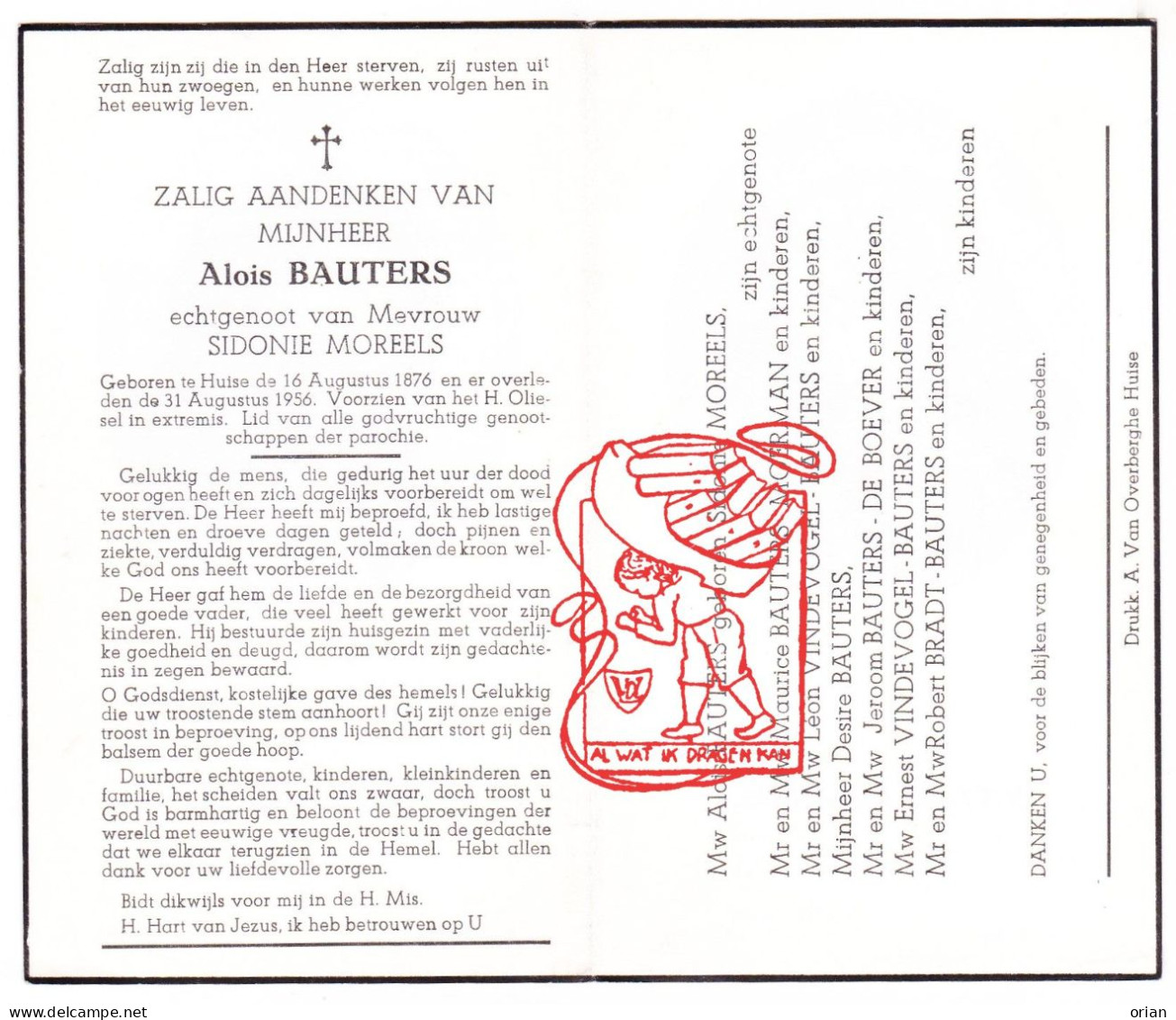 DP Alois Bauters ° Huise Zingem 1876 † 1956 X Sidonie Moreels // Moerman Vindevogel De Boever Bradt - Images Religieuses