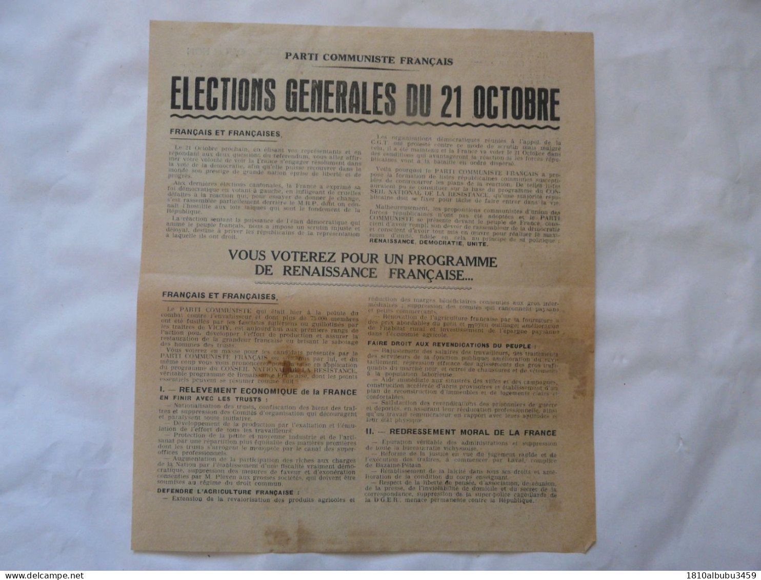 TRACT - PARTI COMMUNISTE FRANCAIS - Elections Du 21 Octobre 1945 - Documents Historiques