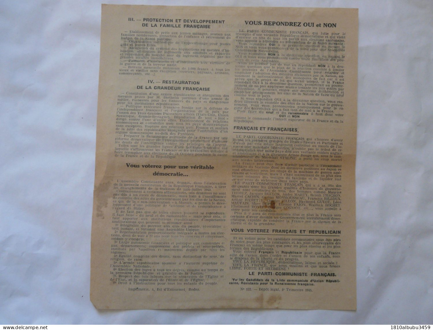 TRACT - PARTI COMMUNISTE FRANCAIS - Elections Du 21 Octobre 1945 - Documents Historiques