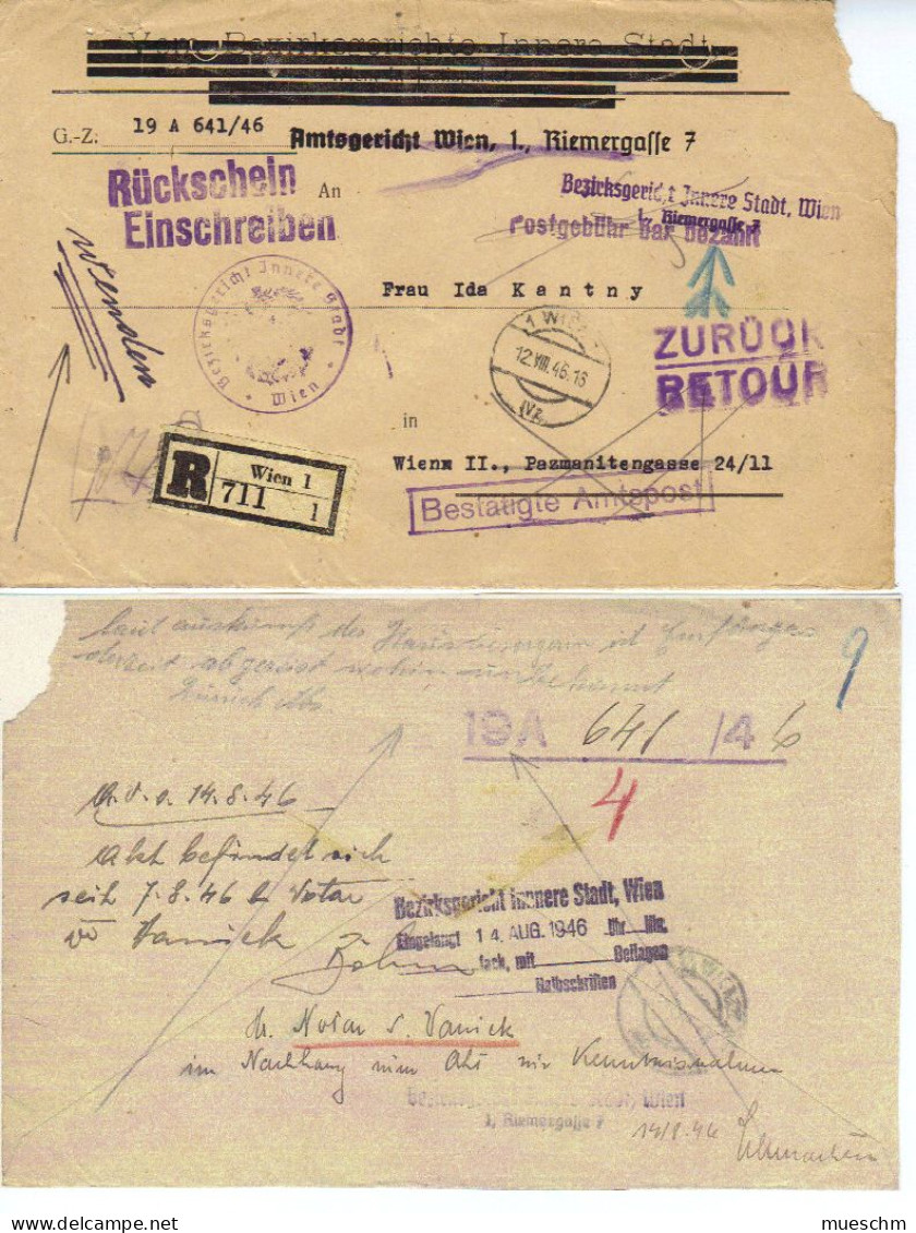 Österreich, 1946, Rekobrief V. Amtsgericht Wien Mit Versch. Abstempelungen, Auf Rückseite Retour-Vermerk (10249W) - Cartas & Documentos