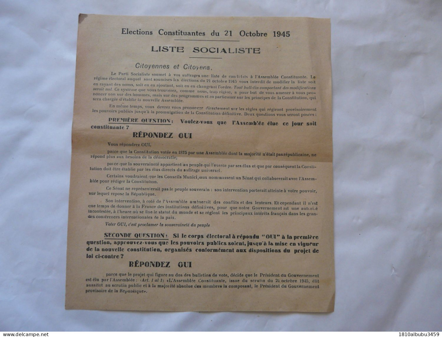 TRACT - LISTE SOCIALISTE - Elections Du 21 Octobre 1945 - Documents Historiques