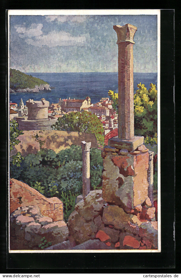 Künstler-AK Dubrovnik, Blick Von Antiken Ruinen Aus Auf Die Stadt  - Croatia