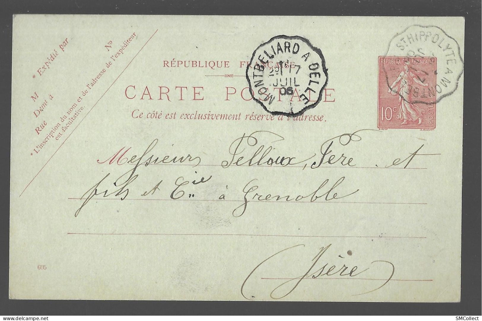 Cachet Convoyeur 1906 De Montbéliard à Delle Sur Entier Postal Seumeuse 10 Centimes (A16p47) - Bahnpost