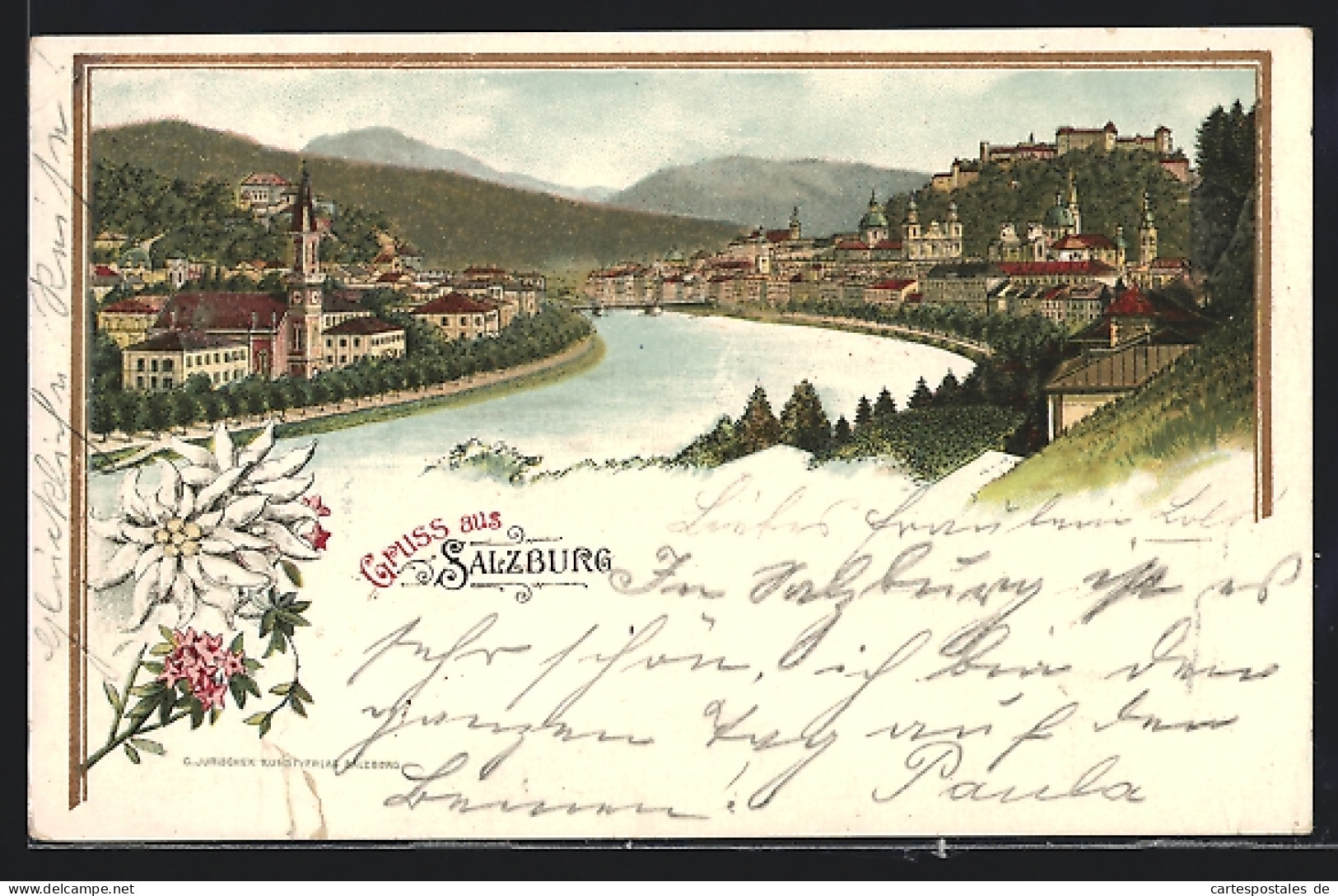 Lithographie Salzburg, Ortsansicht Mit Fluss Und Edelweiss  - Otros & Sin Clasificación