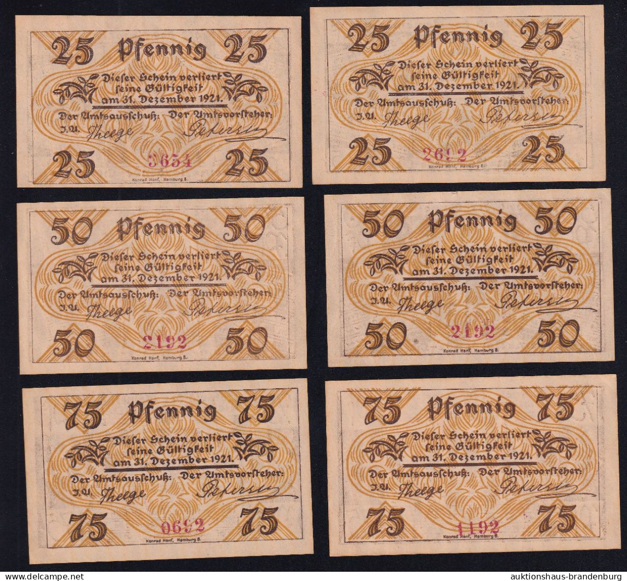 6x Klein-Nordende-Lieth: Je 2x 25, 50 + 75 Pfennig 1921 - Lokale Ausgaben